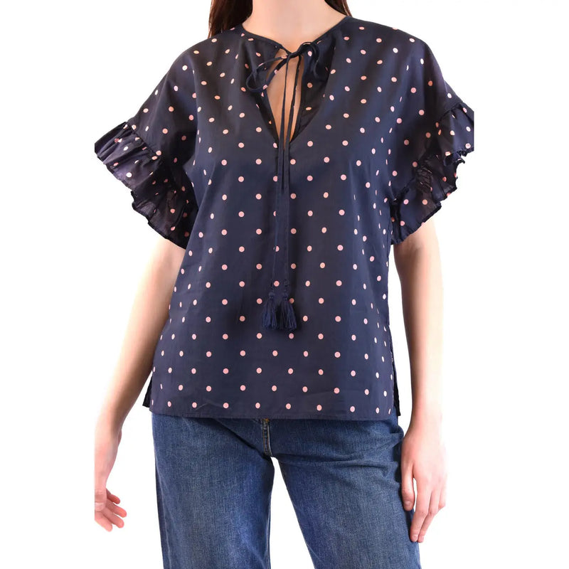 Marineblaue Seidenbluse mit rosa Punkten und kurzen Rüschenärmeln von Parosh, Damenmode top