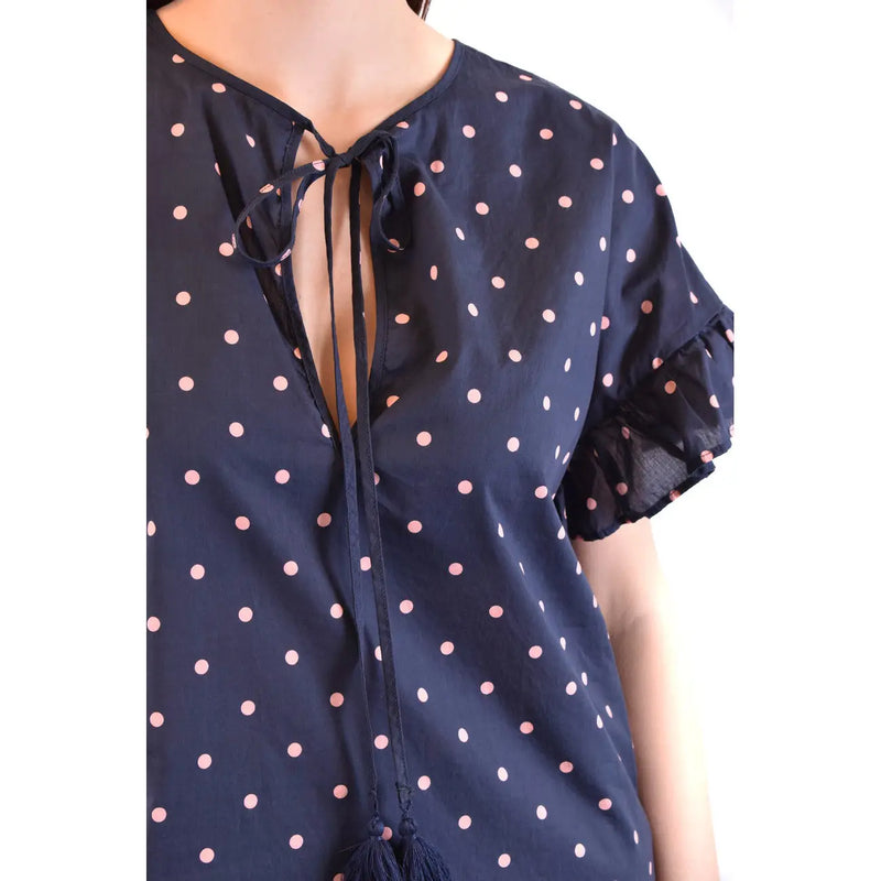 Marineblaue Seidenbluse mit rosa Punkten und kurzen Rüschenärmeln von Parosh, Damenmode top