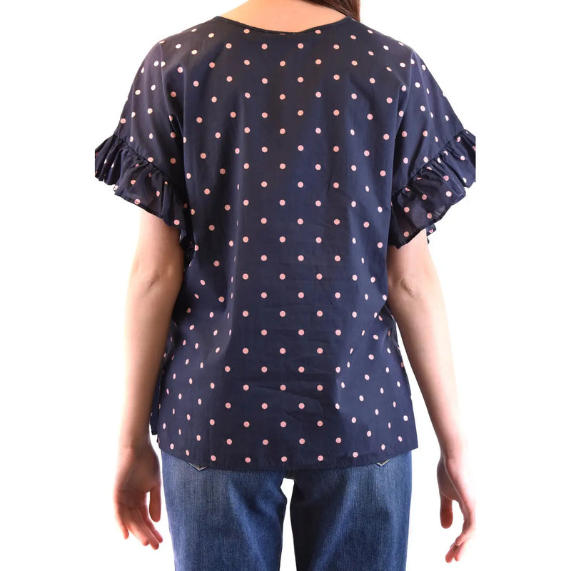 Marineblaue, kurzärmelige Seidenbluse mit rosa Punkten und Rüschenmanschetten von Parosh, Damenmode top