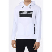 Paul and Shark Herren-Sweatshirt, weiß, Kapuze, langärmlig, mit schwarzem rechteckigem Aufdruck und weißer Hai-Silhouette