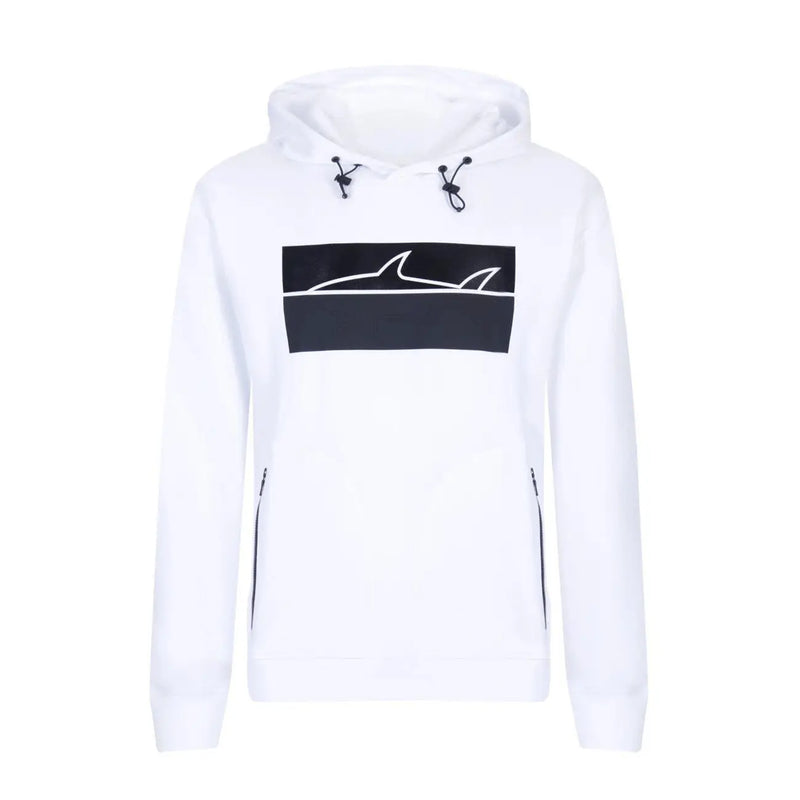 Paul and Shark Herren-Sweatshirt, weiß, Kapuze, langärmlig, mit schwarzem rechteckigem Hai-Aufnäher und schwarzen Kordelzugtaschen