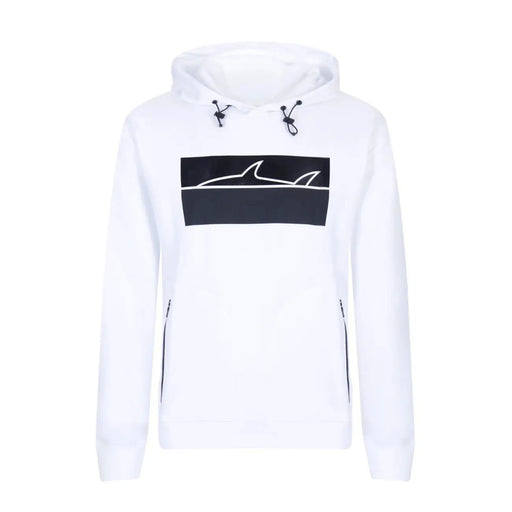 Paul and Shark Herren-Sweatshirt, weiß, Kapuze, langärmlig, mit schwarzem rechteckigem Hai-Aufnäher und schwarzen Kordelzugtaschen