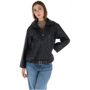 Schwarze Bikerjacke aus Kunstleder mit hohem Kragen und Frontreißverschluss für Damen aus der Pepe Jeans Kollektion mit braunem Polyurethan-Reißverschluss