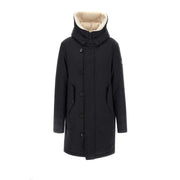 Peuterey men blazer black wool blend winter jacket with plush beige-lined hood and front button closure