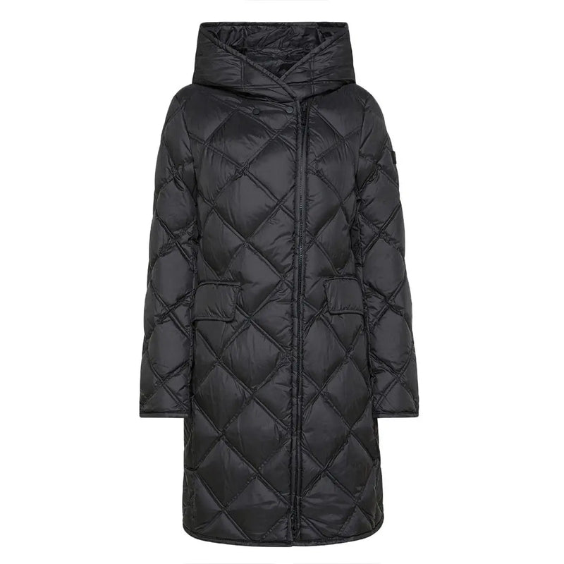 Schwarzer, gesteppter Daunenmantel mit Kapuze von Peuterey für Damen mit Rautensteppung und Vordertaschen für kaltes Wetter