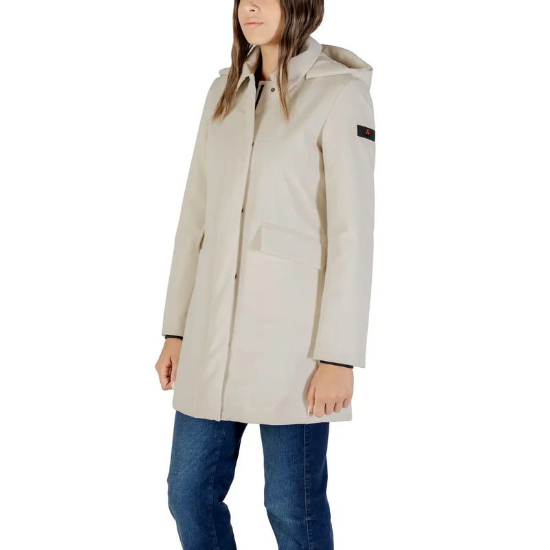 Peuterey Damenblazer, weiß, mit Reißverschluss und Kapuze, beigefarbener Polyamid-Kapuzenmantel mit elegantem, modernem Design und dezentem schwarzem Besatz