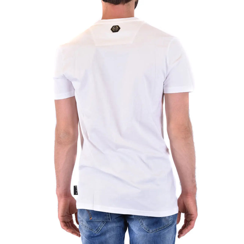 White Philipp Plein men t-shirt with a black hexagonal logo at the neckline and small black tag on the lower back