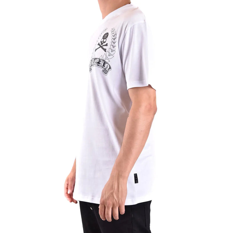 Philipp Plein Herren-T-Shirt aus weißer Baumwolle mit Rundhalsausschnitt und schwarzem Totenkopf- und Lorbeerkranz-Motiv auf der Vorderseite