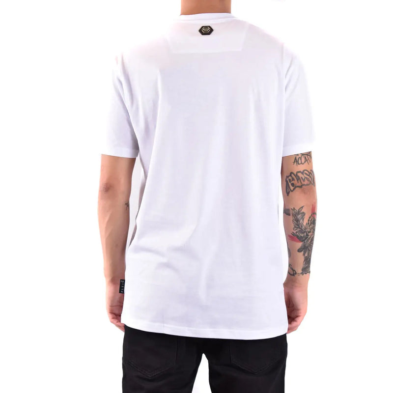 Philipp Plein Herren-T-Shirt aus weißer Baumwolle mit kurzen Ärmeln, schwarzem sechseckigem Logo am Halsausschnitt und kleinem Etikett an der unteren Seite