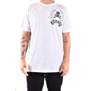 Philipp Plein Herren-T-Shirt aus weißer Baumwolle mit Rundhalsausschnitt und schwarzem Totenkopf-Lorbeerkranz-Grafikdesign