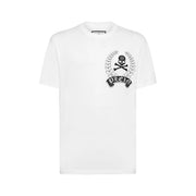 Weißes Baumwoll-T-Shirt von Philipp Plein für Herren mit Rundhalsausschnitt und schwarzem, gesticktem Totenkopf- und Lorbeerkranz-Emblem