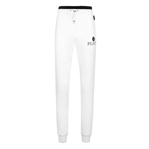 Philipp Plein Herren-Jogginghose aus weißer Baumwolle mit schwarzem Gummibund und Logo am Oberschenkel