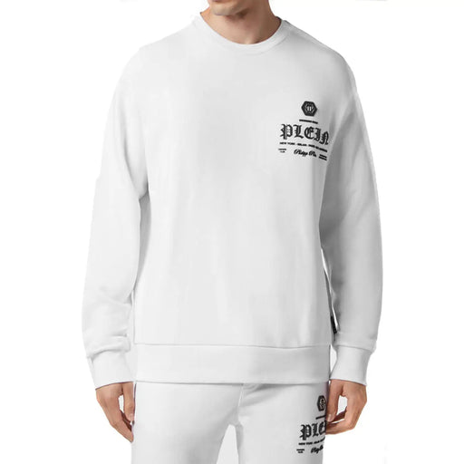 Philipp plein white cotton round neck men sweatshirt with black embroidered logo and text on the chest