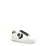 Philipp Plein Damen-Sneaker aus Leder, weiß, mit Schnürung, schwarzen Schnürsenkeln, glitzerndem schwarzem Streifen und Logo an der Seite