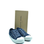 Navy blue suede low-top Philippe Model Paris sneakers for women with white rubber toe cap and silver eyelets