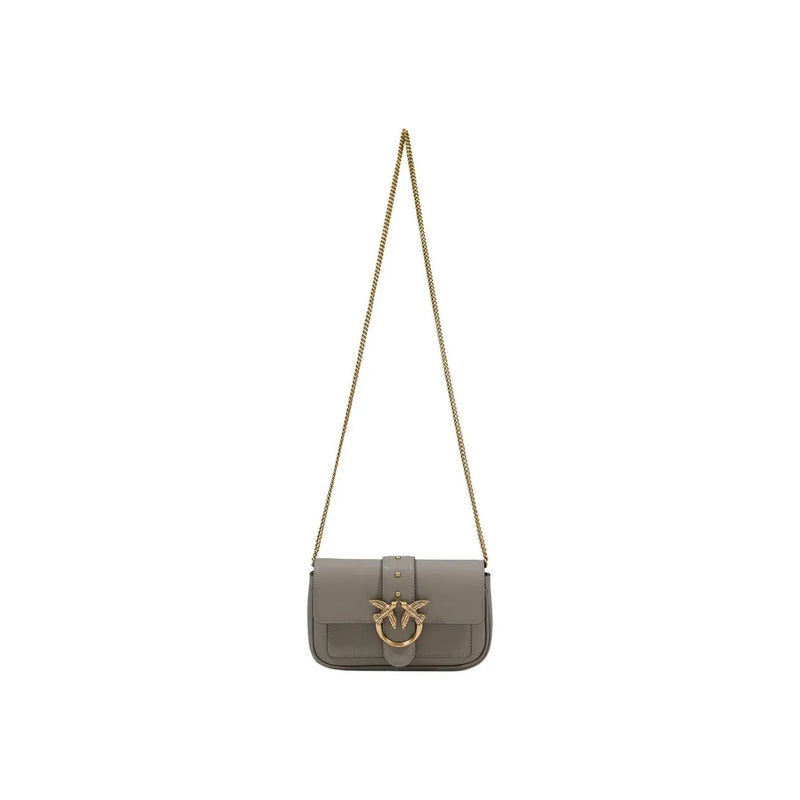 Pinko gray leather crossbody bag with gold bird clasp and chain strap