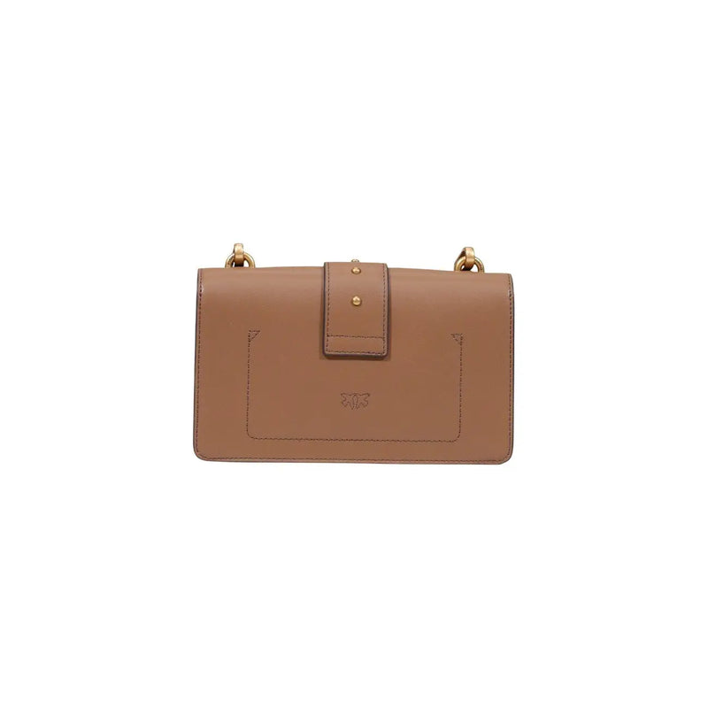 Pinko Beigefarbene Damen-Umhängetasche aus Polyurethan, 21 cm, mit minimalistischer Klappe aus hellbraunem Leder und goldfarbenen Beschlägen