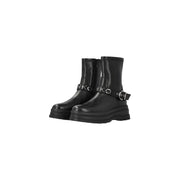 Pinko Schwarze Damen-Ankle-Boots aus Leder mit silbernen Schnallenriemen und klobiger Sohle für stilvolles Hineinschlüpfen