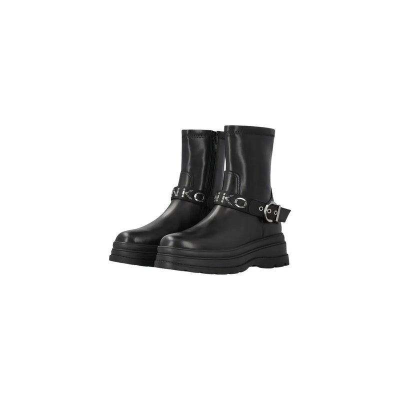 Pinko Schwarze Damen-Ankle-Boots aus Leder mit silbernen Schnallenriemen und klobiger Sohle für stilvolles Hineinschlüpfen