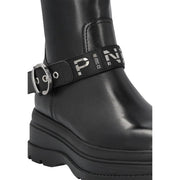 Pinko Schwarze Damen-Ankle-Boots aus Leder mit silberfarbener Schnalle und pinkfarbenem Logo-Riemen zum stilvollen Hineinschlüpfen