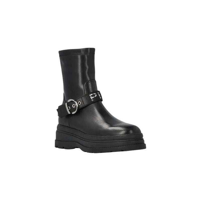 Pinko Schwarze Damen-Ankle-Boots aus Leder mit silberner Schnalle und Logo-Riemen zum stilvollen Hineinschlüpfen
