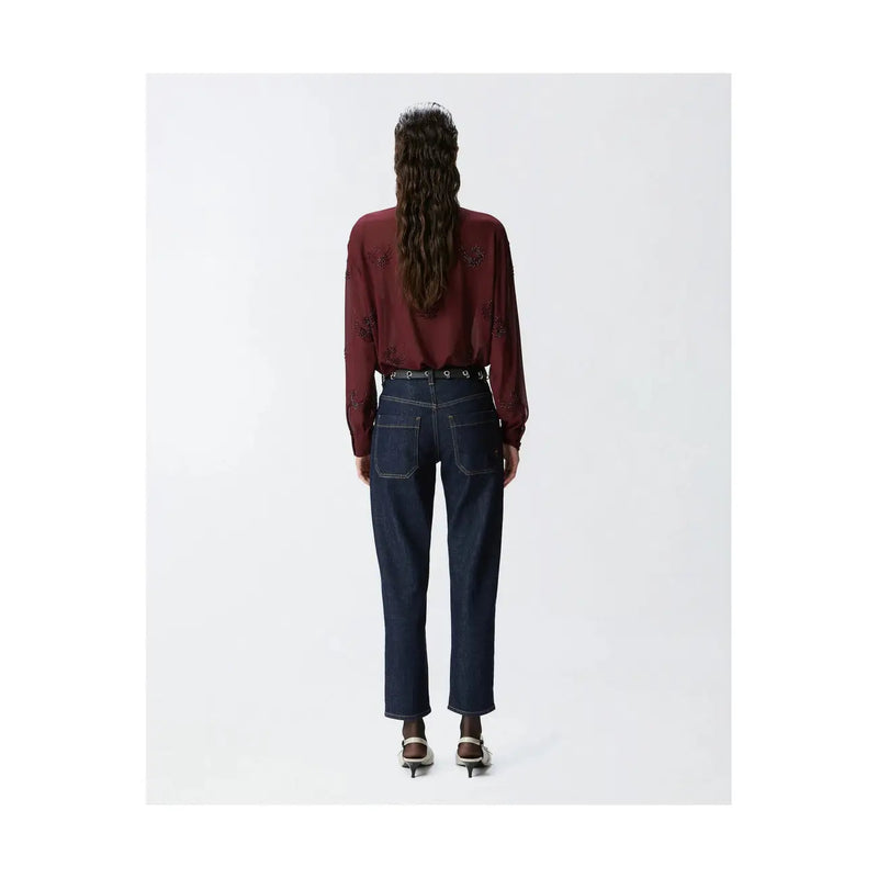 Pinko Damenjeans aus dunkelblauem Stretch-Denim mit geradem Bein und sichtbaren Ziernähten.