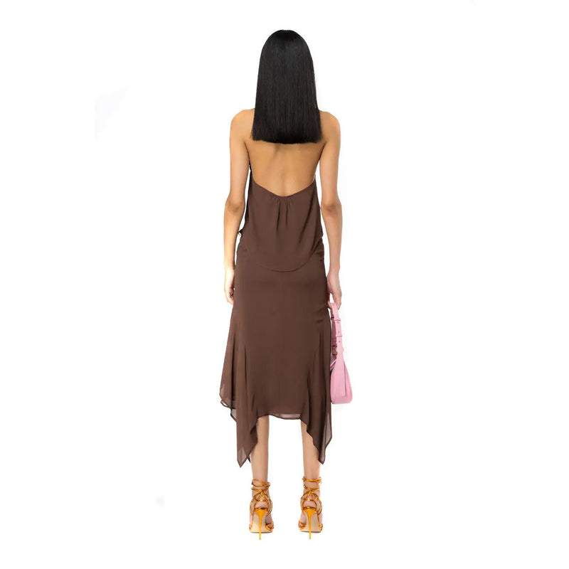 Pinko Damenrock aus braunem Polyester, Frühling/Sommer, Rückansicht mit rückenfreiem Satin-Midikleid und asymmetrischem Saum