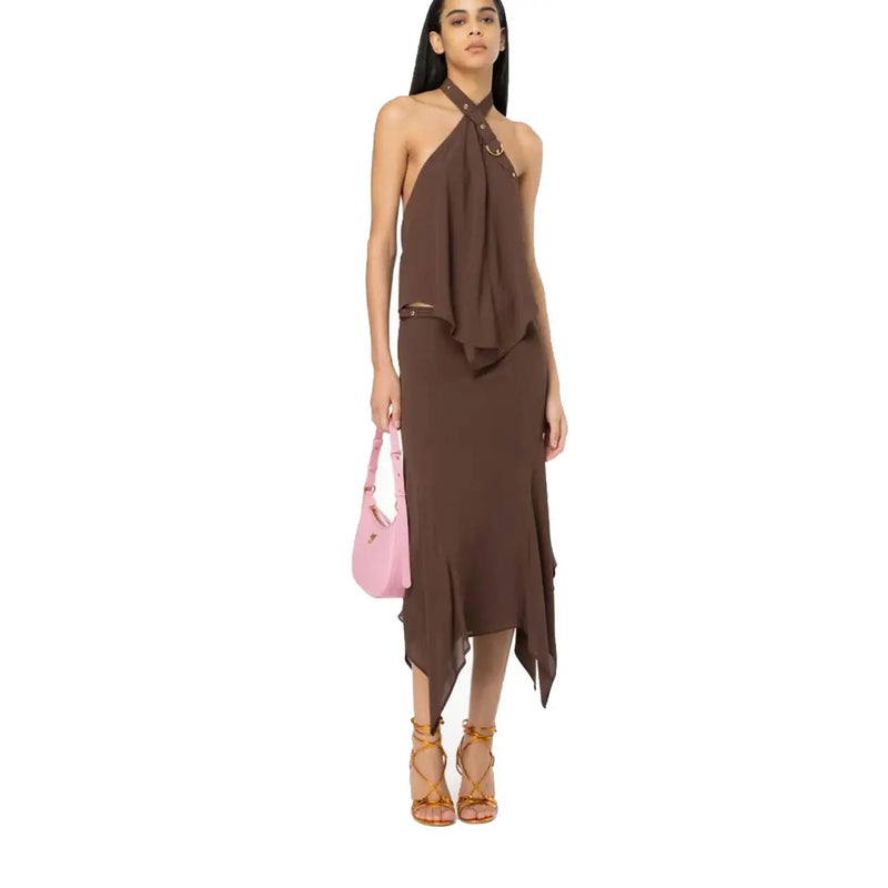 Pinko Braunes Damenkleid aus Polyester mit Neckholder und fließendem, asymmetrischem Saum für Frühling und Sommer