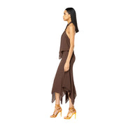 Pinko Brauner Damenrock aus Polyester mit fließendem Neckholder-Ausschnitt und asymmetrischem, transparentem Saum für Frühling und Sommer