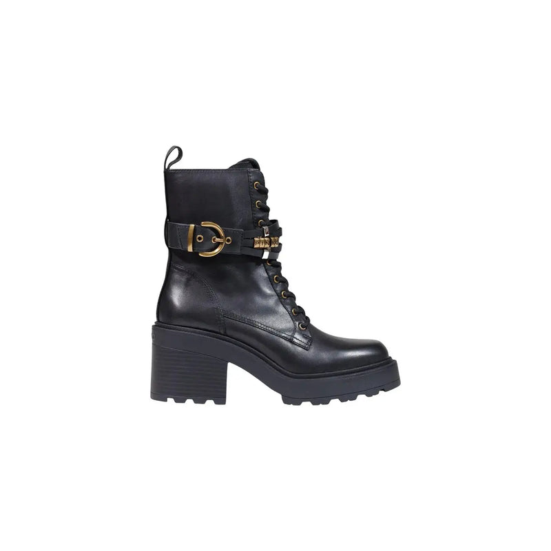 Pinko Schwarze Damen-Ankle-Boots aus Leder mit Blockabsatz, verziert mit goldfarbenen Schnallen und Schnürsenkeln.