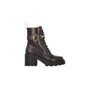 Pinko Dunkelbraune Damen-Ankle-Boots aus Leder mit goldfarbener Schnalle und schwarzem Blockabsatz