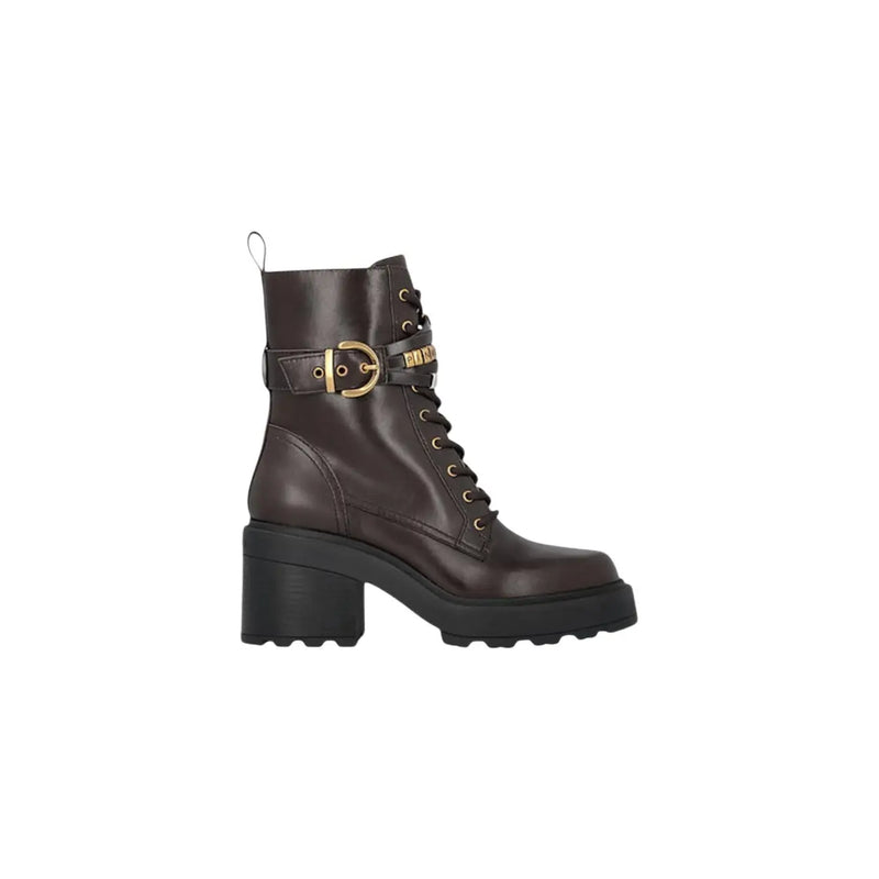 Pinko Dunkelbraune Damen-Ankle-Boots aus Leder mit goldfarbener Schnalle und schwarzem Blockabsatz