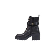 Pinko Schwarze Damen-Ankle-Boots aus Leder, Combat-Boots mit klobigem Blockabsatz und Schnürung vorne