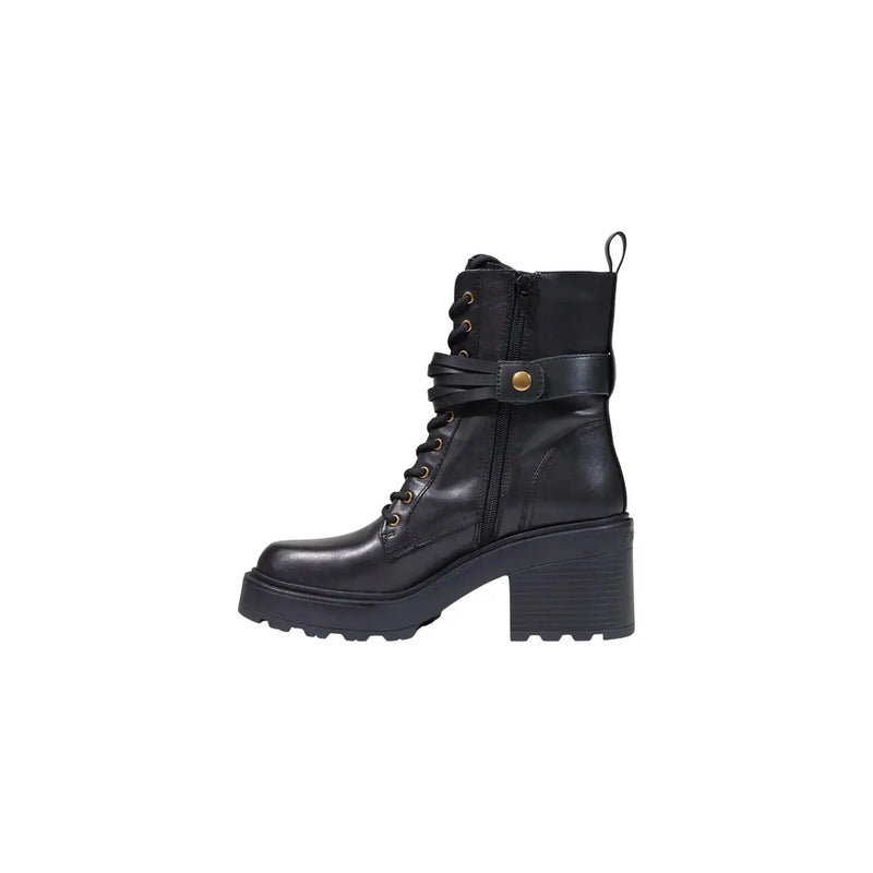 Pinko Schwarze Damen-Ankle-Boots aus Leder, Combat-Boots mit klobigem Blockabsatz und Schnürung vorne