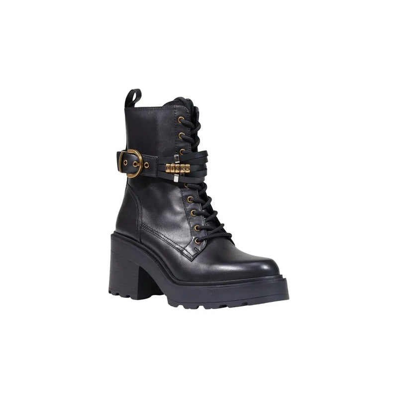Pinko Schwarze Damen-Ankle-Boots aus Leder mit goldfarbenen Schnallen und klobigem Blockabsatz.
