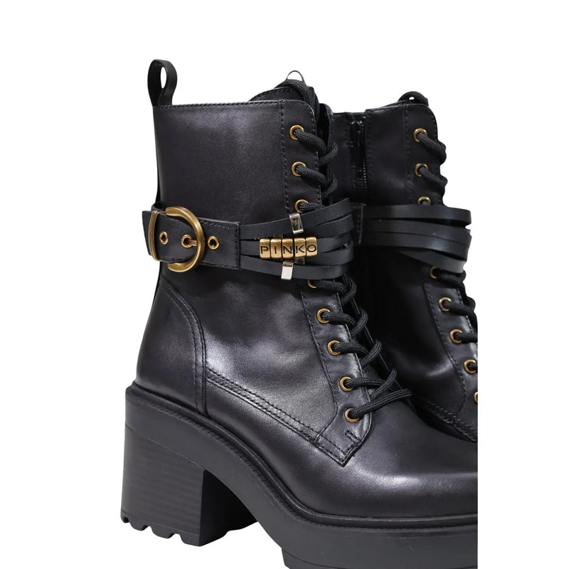 Pinko Schwarze Damen-Ankle-Boots aus Leder mit goldfarbenen Beschlägen und einem klobigen Blockabsatz