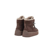 Pinko Braune Damen-Ankle-Boots aus Leder mit Wildleder-Obermaterial, weichem beigefarbenem Lammfellfutter und klobiger Plateausohle