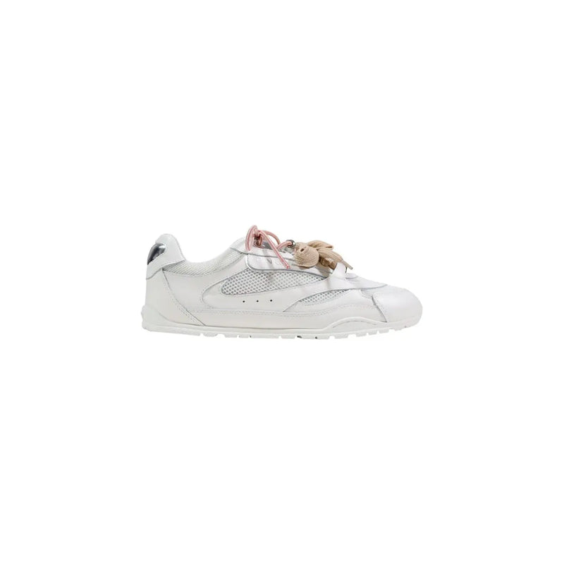 Pinko Weiße Damen-Sneaker aus Leder mit Schnürung, Mesh-Einsätzen, rosa Schnürung und silberfarbenen Metallic-Verzierungen an der Ferse.