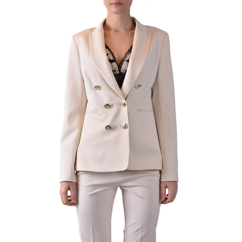 Cremefarbener, zweireihiger Blazer mit goldfarbenen Knöpfen und taillierter Passform aus Viskosemischung von Pinko Frauen