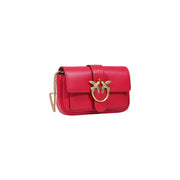 Pinko Rote Damen-Umhängetasche aus Leder, 20 cm, mit farbenfrohem, goldfarbenem Vogelverschluss und Kettenriemen
