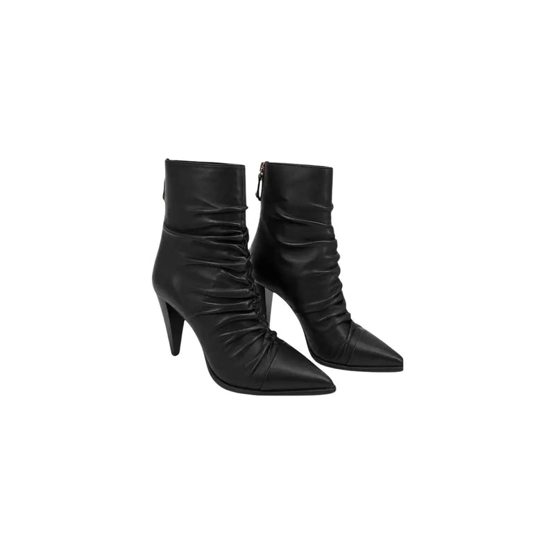 Pinko Schwarze Damen-Ankle-Boots aus Leder mit spitzer Zehenpartie, hohem Stilettoabsatz und gerafftem Schaft