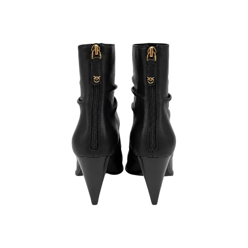 Pinko Schwarze Damen-Ankle-Boots aus Leder mit goldfarbenen Reißverschlüssen, markantem Logo und eleganten, spitzen Stilettoabsätzen