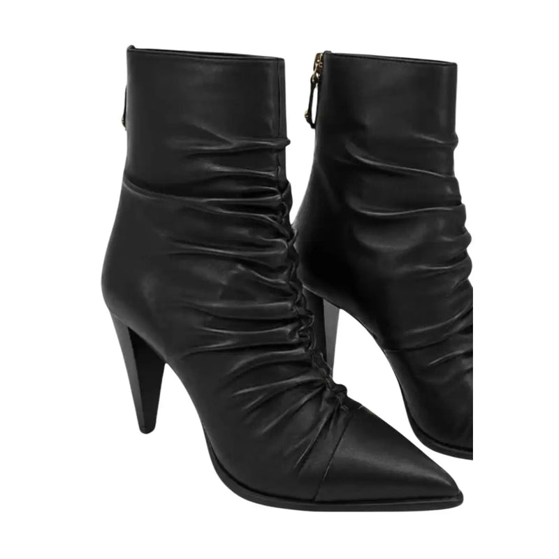 Pinko Schwarze Damen-Ankle-Boots aus Leder mit spitzer Zehenpartie, gerafftem Schaft und hohem Stilettoabsatz sowie Gummisohle
