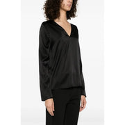 Pinko Schwarze Damenbluse aus Satin mit V-Ausschnitt und langen Ärmeln.