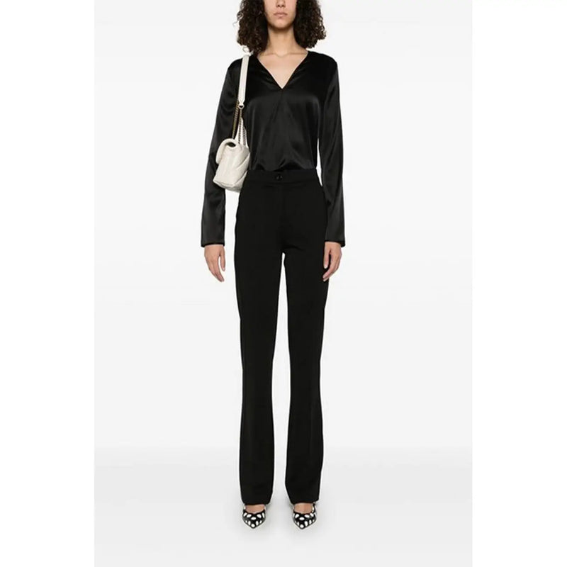 Pinko Schwarze Seidenbluse für Damen mit V-Ausschnitt und langen Ärmeln aus glattem, glänzendem Satin
