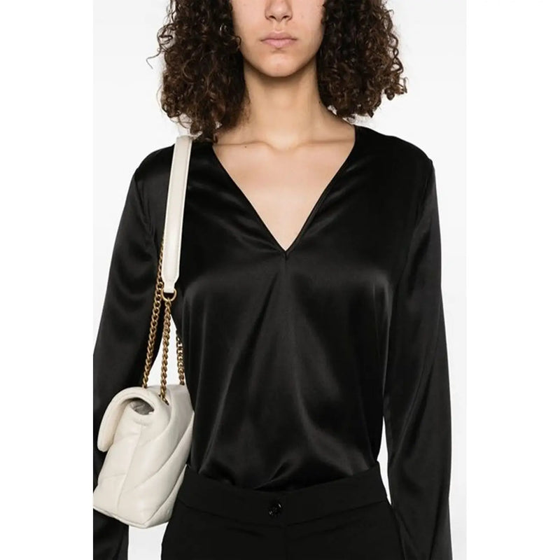 Pinko Schwarze Seidenbluse für Damen aus Satin mit langen Ärmeln und tiefem V-Ausschnitt für elegante Anlässe