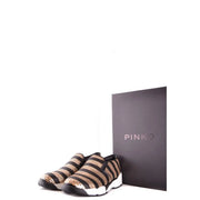 Pinko Schwarze Damen-Sneaker aus Stoff mit metallisch-goldenen Paillettenstreifen und weißer Gummisohle