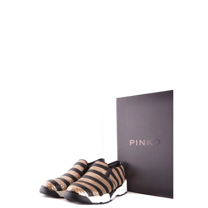 Pinko Schwarze Damen-Sneaker aus Stoff mit metallisch-goldenen Paillettenstreifen und weißer Gummisohle