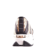 Pinko Damen-Sneaker aus Stoff zum Hineinschlüpfen, schwarz gestreift mit schwarzem, metallisch-goldenem Paillettenobermaterial, weißer Sohle und roségoldenem Logo