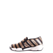 Pinko Schwarze, gestreifte Damen-Sneaker aus Stoff mit goldenen Akzenten und weißer, klobiger Sohle zum Hineinschlüpfen – perfekt für die Freizeit.